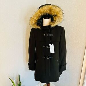 Cole Haan Wool Blend Faux Fur Trim Hooded Coat, Brown, Size 4,‎ NWT